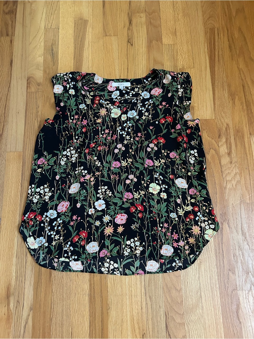 LOFT Black Floral Flutter Cap-Sleeve Blouse